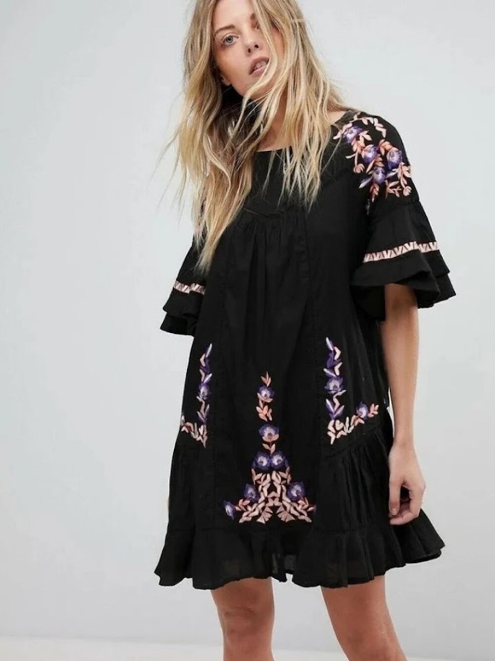 NWOT Free People PAVLO Embroidered Black Dress S